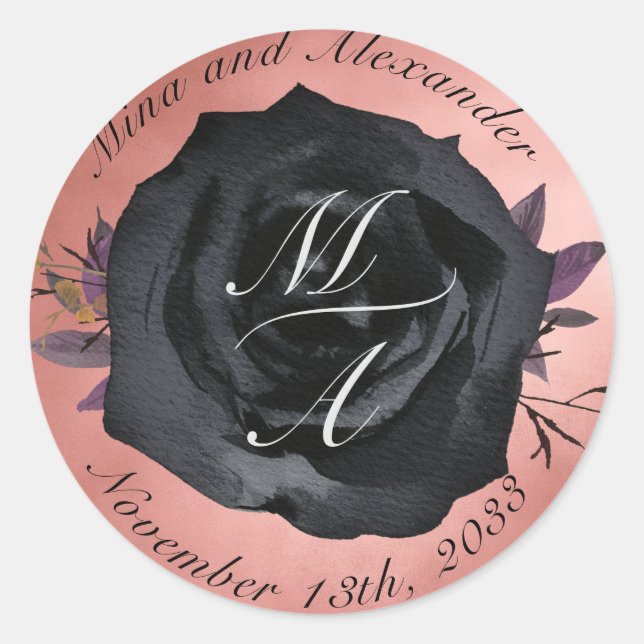 Elegant Blush  Black Rose Monogram Wedding Sticker (Front)