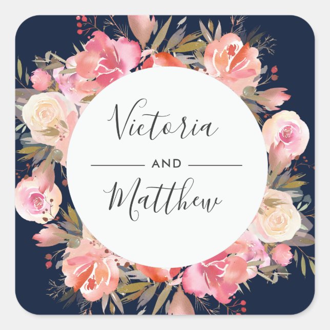 Elegant Blush Bloom Floral Wedding Personalised Square Sticker (Front)