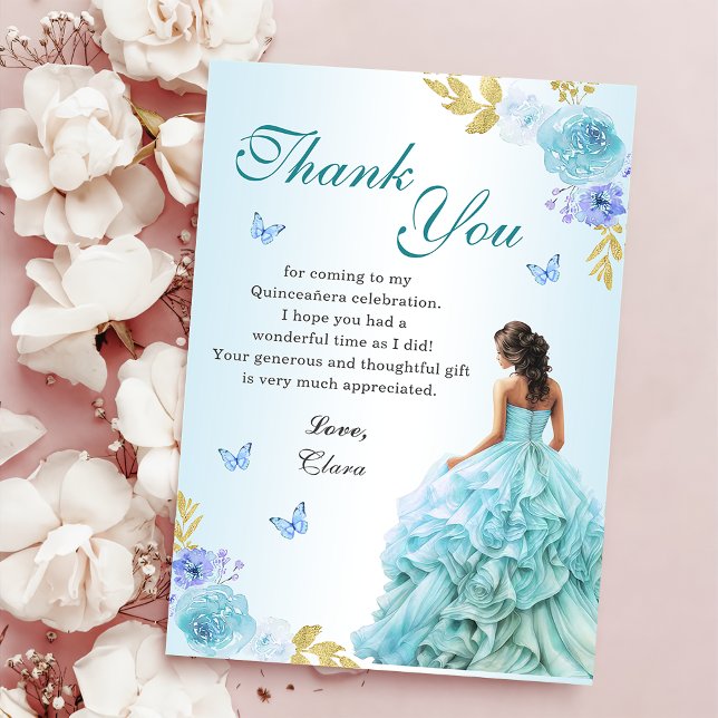 Elegant Blush Blue Floral Quinceañera Birthday Thank You Card (Creator Uploaded)