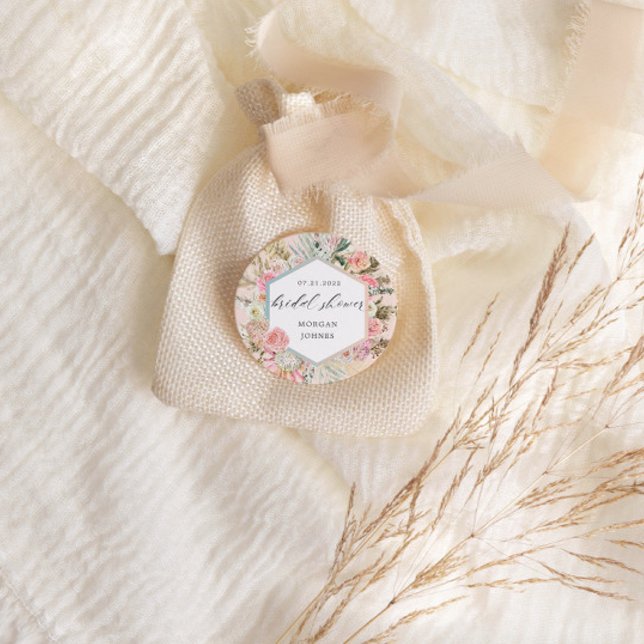 Elegant Blush Bohemian Floral Bridal Shower  Classic Round Sticker (Creator Uploaded)