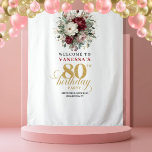 Elegant Blush Burgundy 80th Birthday Backdrop Tapestry