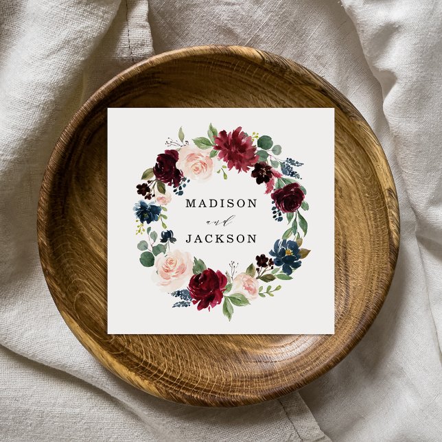 Elegant Blush Burgundy and Navy Floral Wedding Napkin (Creator Uploaded)