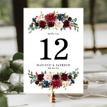 Elegant Blush Burgundy and Navy Floral Wedding Table Number<br><div class="desc">Stylish, floral wedding table number cards featuring your table number, names, and wedding date surrounded by painted burgundy, blush pink, and navy blue watercolor flowers with lush green foliage. The elegant table numbers are designed to coordinate with our Enchanted Floral wedding collection. Add each table number card to your cart...</div>