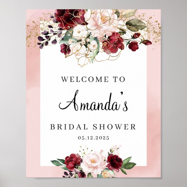 Elegant Blush burgundy boho floral bridal shower Poster (Front)