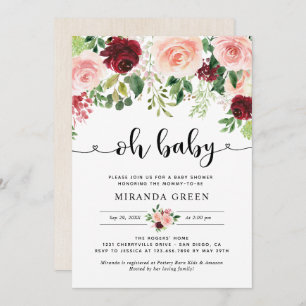 Elegant Blush Burgundy Floral Baby Shower Invitation