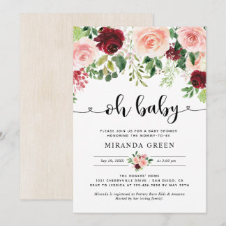 Elegant Blush Burgundy Floral Baby Shower Invitation