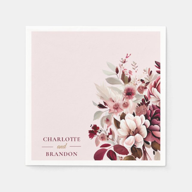 Elegant Blush Burgundy Floral Wedding Napkin (Front)
