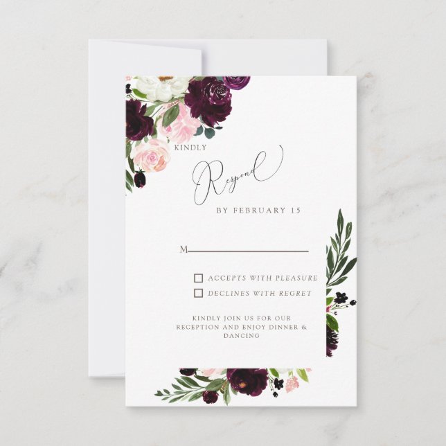 Elegant Blush & Burgundy Floral Wedding RSVP (Front)