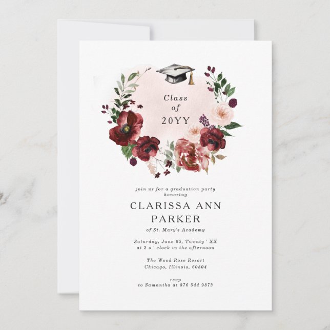 Elegant Blush Burgundy Floral Wreath Graduation Invitation (Front)