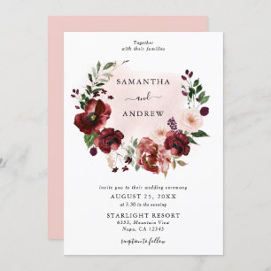 Elegant Blush Burgundy Floral Wreath Wedding Invitation