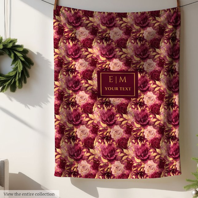 Elegant Blush Burgundy Gold Floral Personalised  Fleece Blanket (Elegant Blush Burgundy Gold Floral Personalized Blanket)