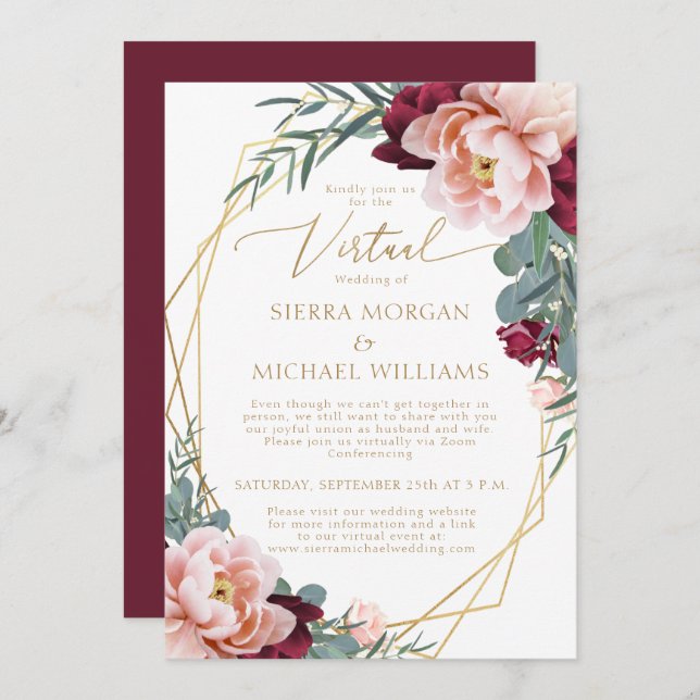 Elegant Blush Burgundy Gold Virtual Wedding Invitation (Front/Back)