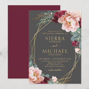 Elegant Blush Burgundy Grey Gold Peony Wedding Invitation