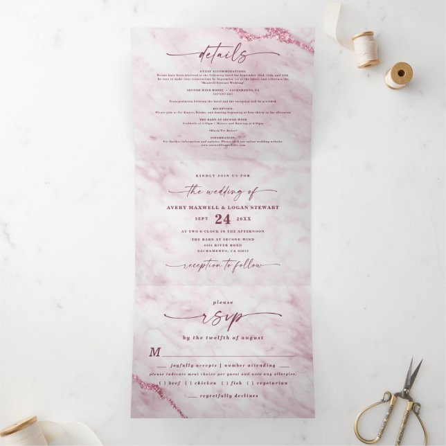 Elegant Blush & Burgundy Marble with Foil Wedding Tri-Fold Invitation (Inside)