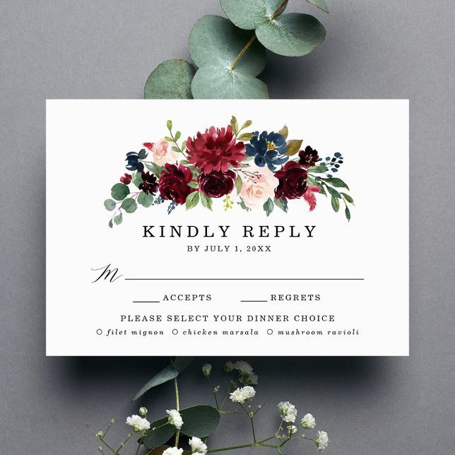 Elegant Blush Burgundy Navy Floral Meal Choice RSVP Card (Creator Uploaded)