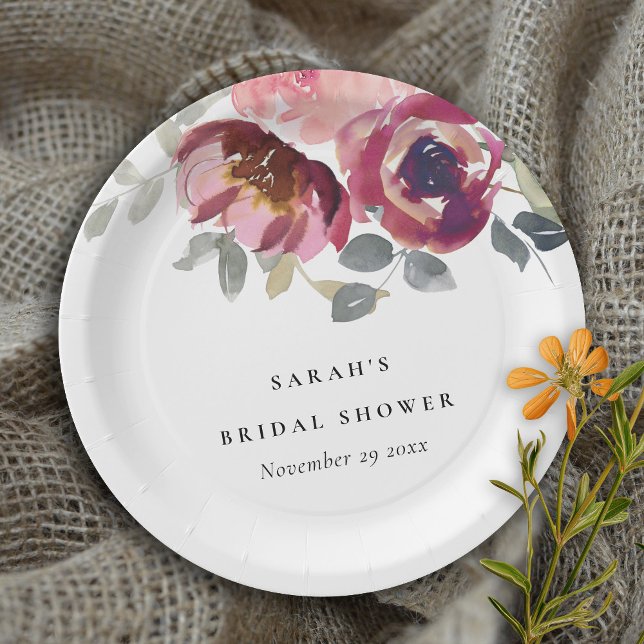 ELEGANT BLUSH BURGUNDY ROSE FLORAL BRIDAL SHOWER PAPER PLATE (Creator Uploaded)