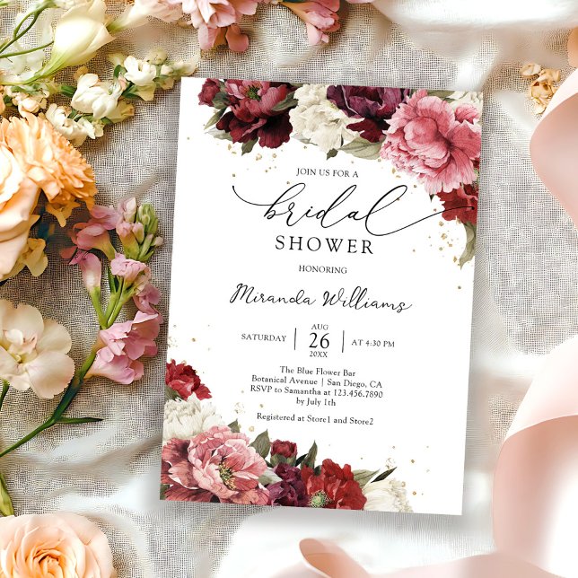 Elegant Blush Burgundy Roses Floral Bridal Shower Invitation (Creator Uploaded)