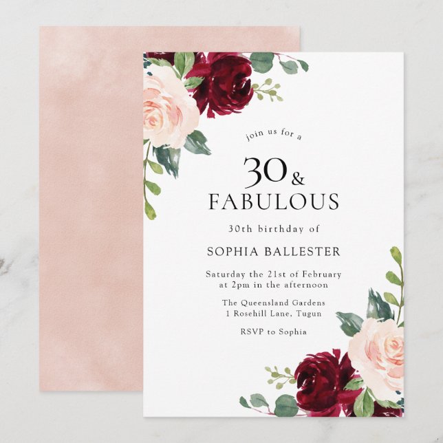 Elegant Blush & Burgundy Watercolor 30th Birthday Invitation (Front/Back)