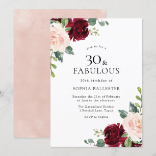 Elegant Blush & Burgundy Watercolor 30th Birthday Invitation