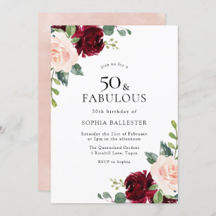 Elegant Blush & Burgundy Watercolor 50th Birthday Invitation