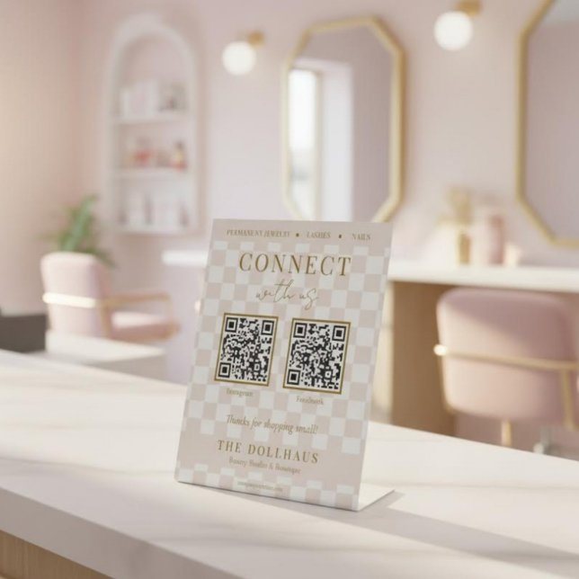 Elegant Blush Chequered Connect With Us QR Code Pedestal Sign (Creator Uploaded)