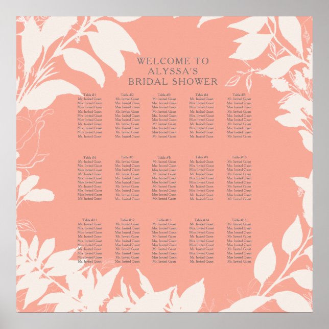 Elegant Blush Coral Wreath Foliage Seating Chart (Front)