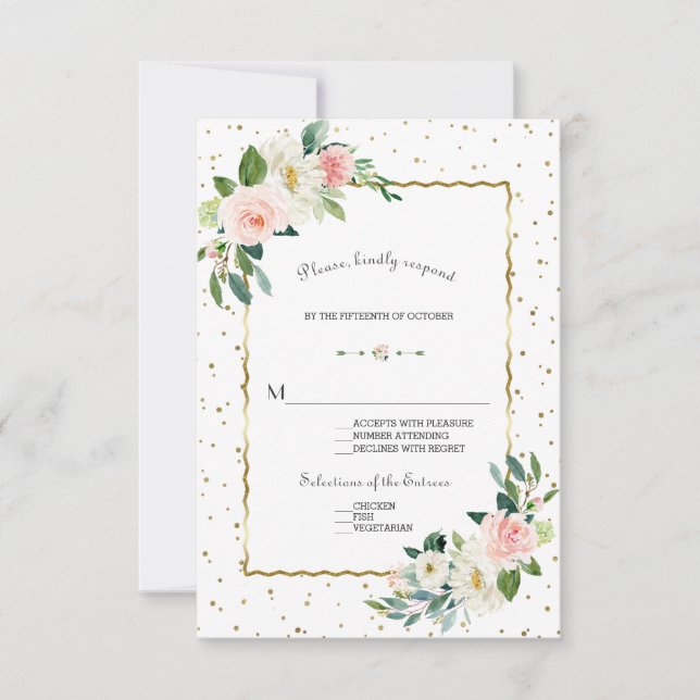 Elegant Blush Cream Flowers Gold Glitter Wedding RSVP Card (Front)