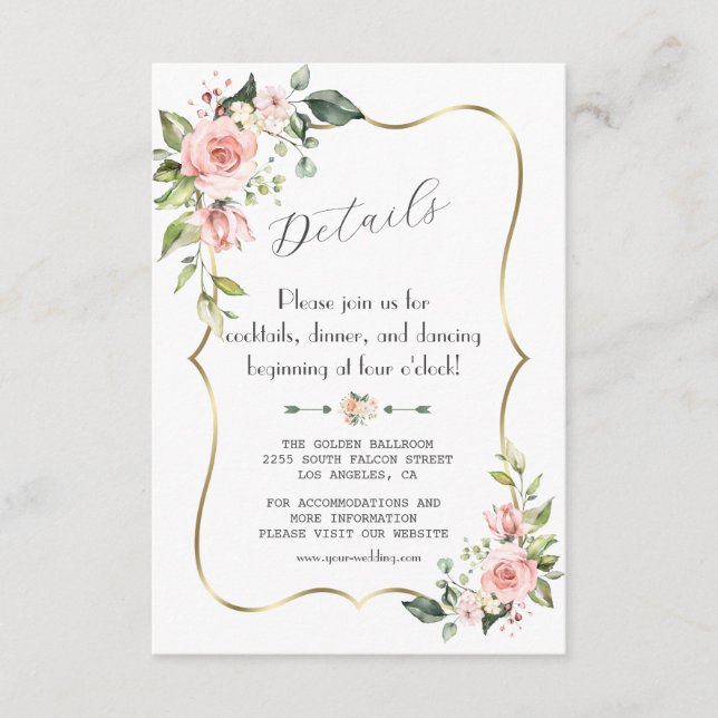 Elegant Blush Cream Flowers Wedding Details Enclosure Card (Front)
