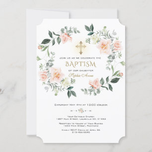 Elegant Blush Cream Flowers Wreath Gold Baptism Invitation