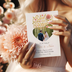 Elegant Blush Dahlias Golden Script Wedding Photo Save The Date