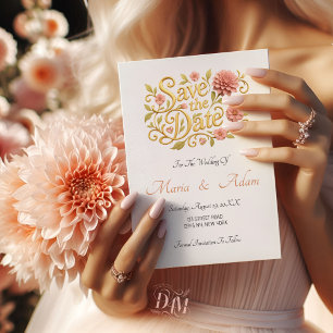 Elegant Blush Dahlias Golden Script Wedding Photo  Save The Date