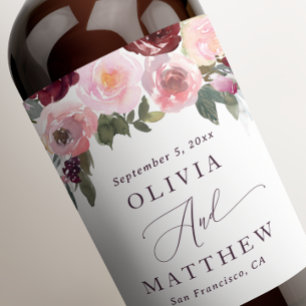 Elegant Blush & Deep Red Floral Wedding Romantic Wine Label
