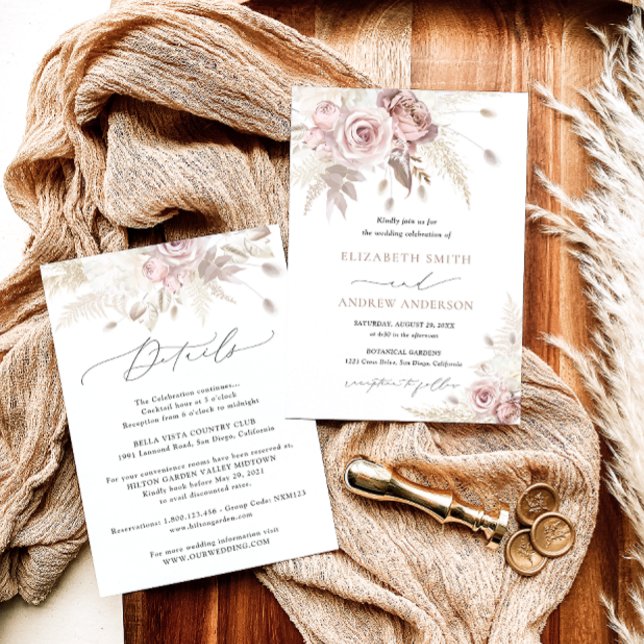 Elegant Blush Dusty Rose Floral Two-in-One Wedding Invitation (Creator Uploaded)