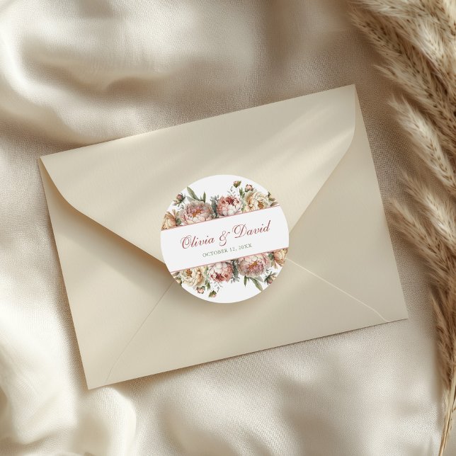 Elegant Blush Dusty Rose Peonies Classic Round Sticker (Elegant Blush Dusty Rose Peonies Classic Round Sticker on a wedding envelope)