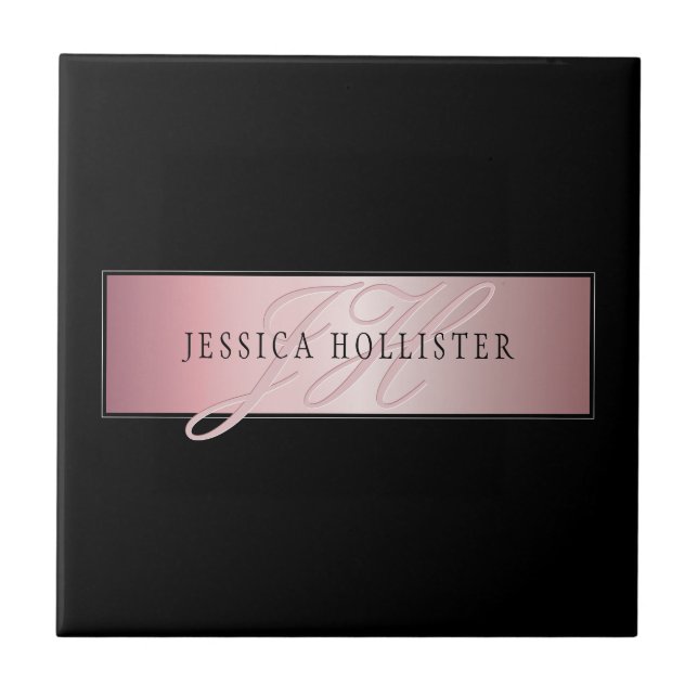 Elegant Blush Faux Rose Gold | Name & Initials Ceramic Tile (Front)