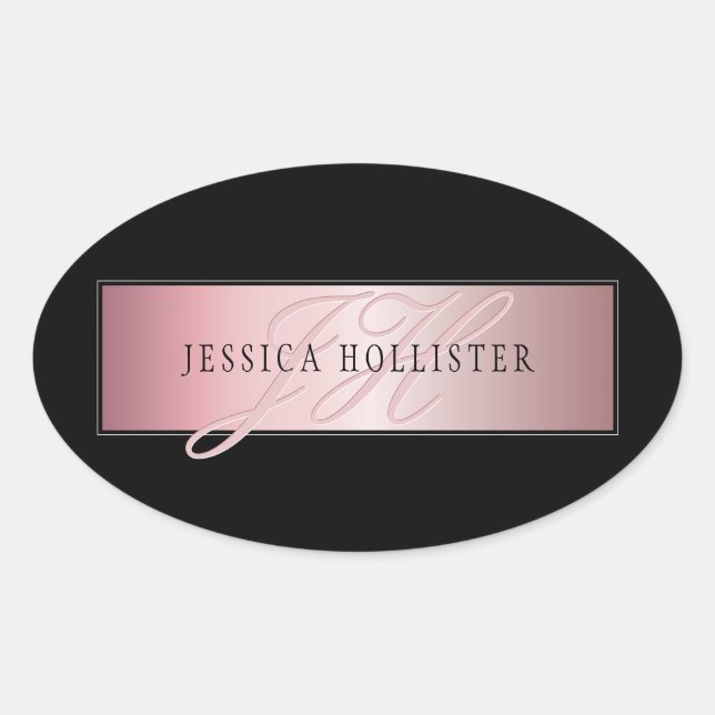 Elegant Blush Faux Rose Gold | Name & Initials Oval Sticker (Front)