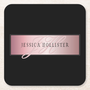Elegant Blush Faux Rose Gold Name & Initials Square Paper Coaster