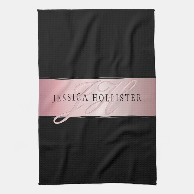 Elegant Blush Faux Rose Gold | Name & Initials Tea Towel (Vertical)