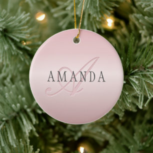 Elegant Blush Faux Rose Gold   Name & Monogram Ceramic Ornament