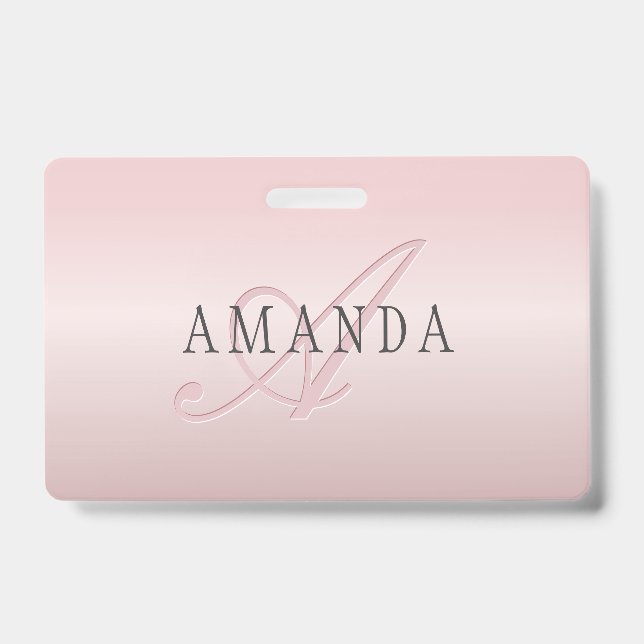 Elegant Blush Faux Rose Gold | Name & Monogram ID Badge (Front)