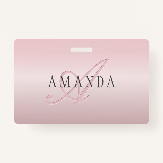 Elegant Blush Faux Rose Gold | Name & Monogram ID Badge (Front)