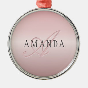 Elegant Blush Faux Rose Gold   Name & Monogram Metal Ornament
