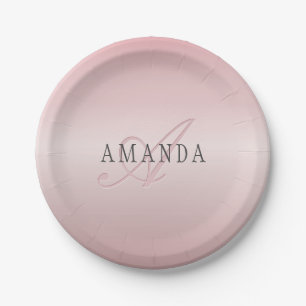 Elegant Blush Faux Rose Gold   Name & Monogram Paper Plate