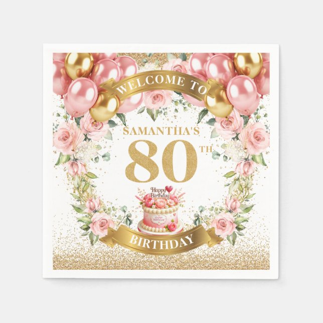 Elegant Blush Floral 80th Birthday Party Napkins (Front)