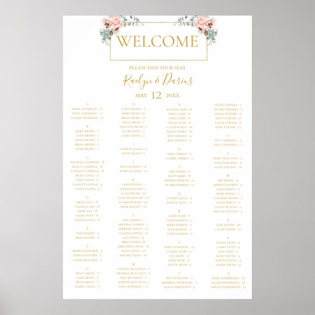Elegant Blush Floral | Alphabetical Seating Chart (Front)