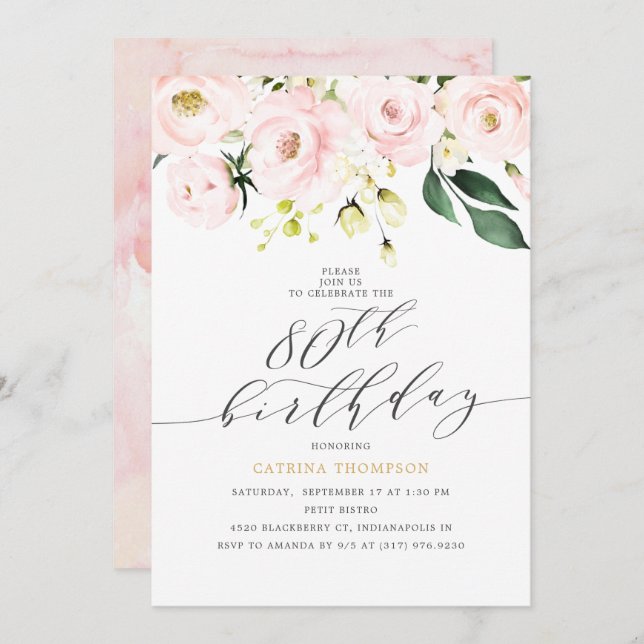 Elegant  Blush Floral and Eucalyptus 80th Birthday Invitation (Front/Back)