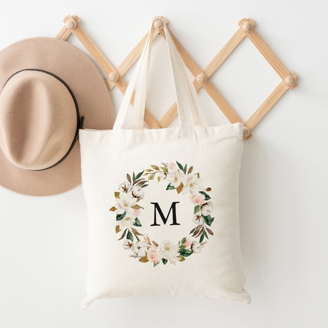 Elegant Blush Floral and White Magnolias Monogram Tote Bag (Creator Uploaded)