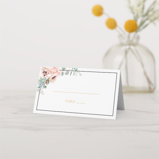Elegant Blush Floral | Black Frame Folded Place Card (Front)