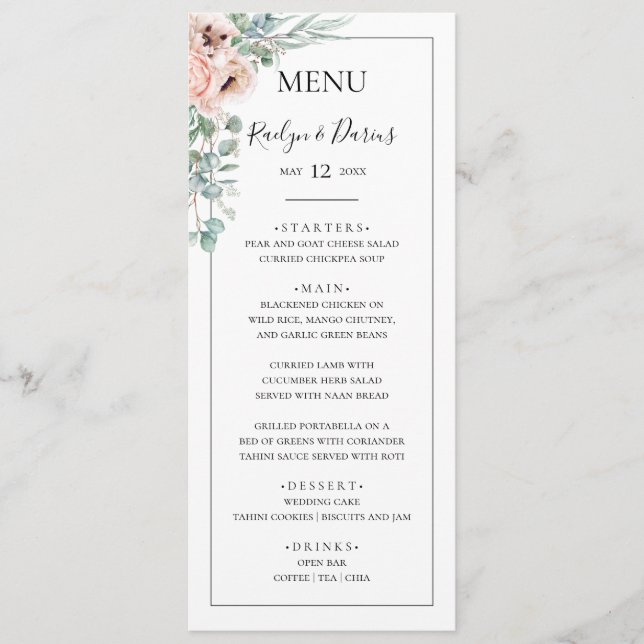 Elegant Blush Floral | Black Frame Wedding Dinner Menu (Front)