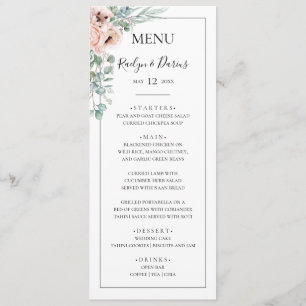 Elegant Blush Floral   Black Frame Wedding Dinner Menu